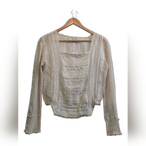 Candela 100% Silk Lace Ivory Long Sleeve Button-Back Blouse Elastic Waist Size M
